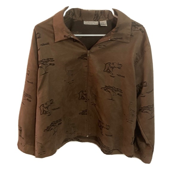 Kenneth Too 2 piece set brown PXL zip up long sleeve collared pants animal print - Picture 7 of 10